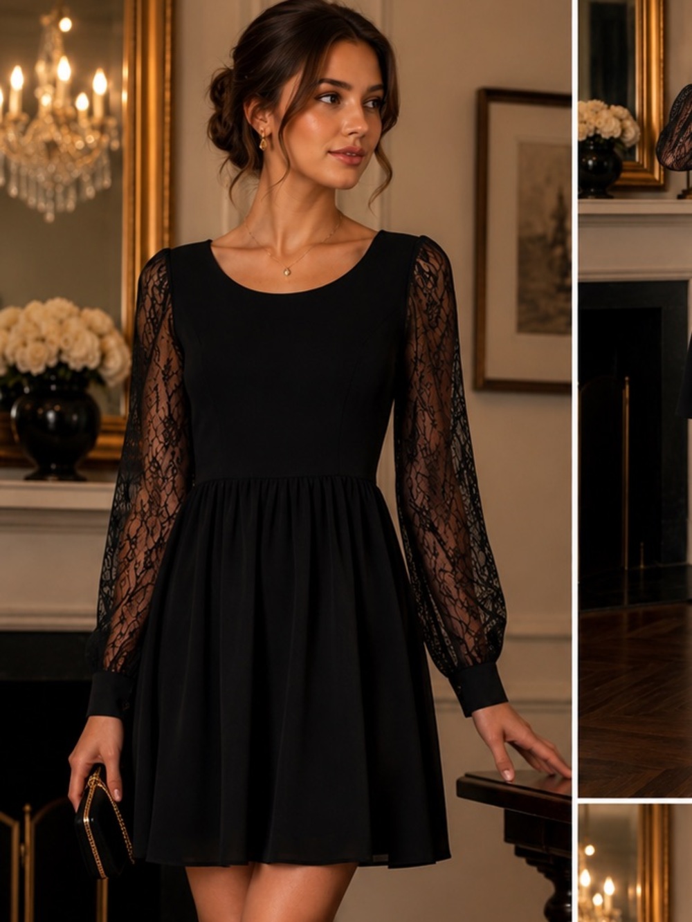Doe & Rae Black Dress with Sheer Lace Sleeves Size Small